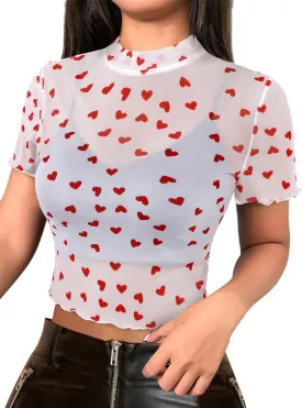 Avanova Women Heart Print Sheer Mesh Crop Top See Through Short Sleeve Sexy Shirt