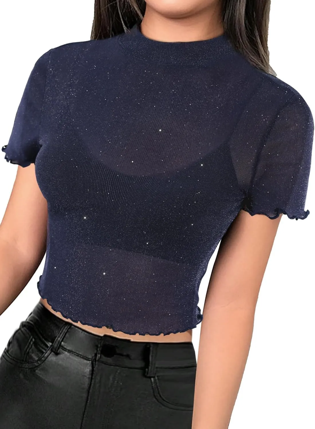 Avanova Women Heart Print Sheer Mesh Crop Top See Through Short Sleeve Sexy Shirt