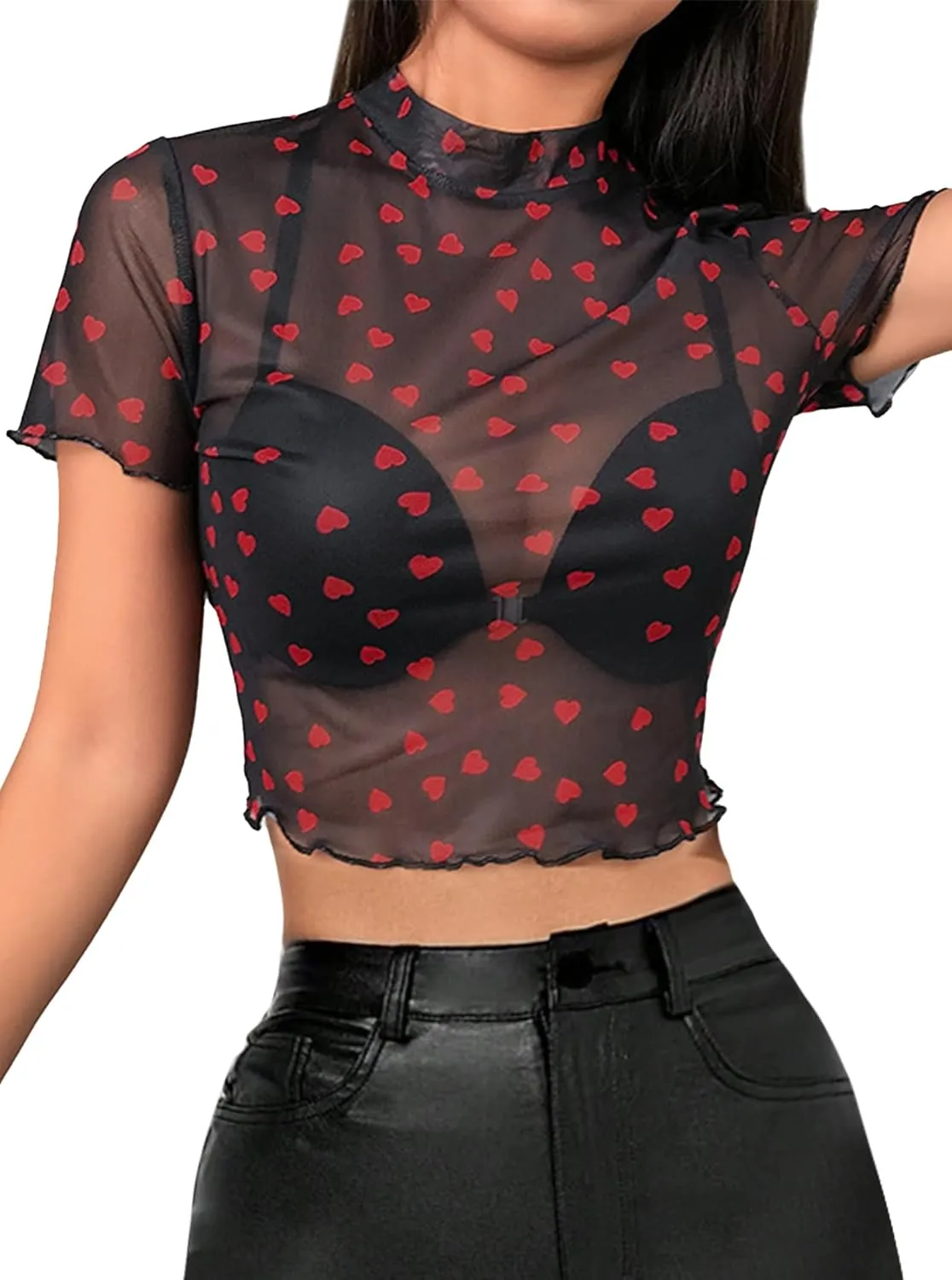 Avanova Women Heart Print Sheer Mesh Crop Top See Through Short Sleeve Sexy Shirt