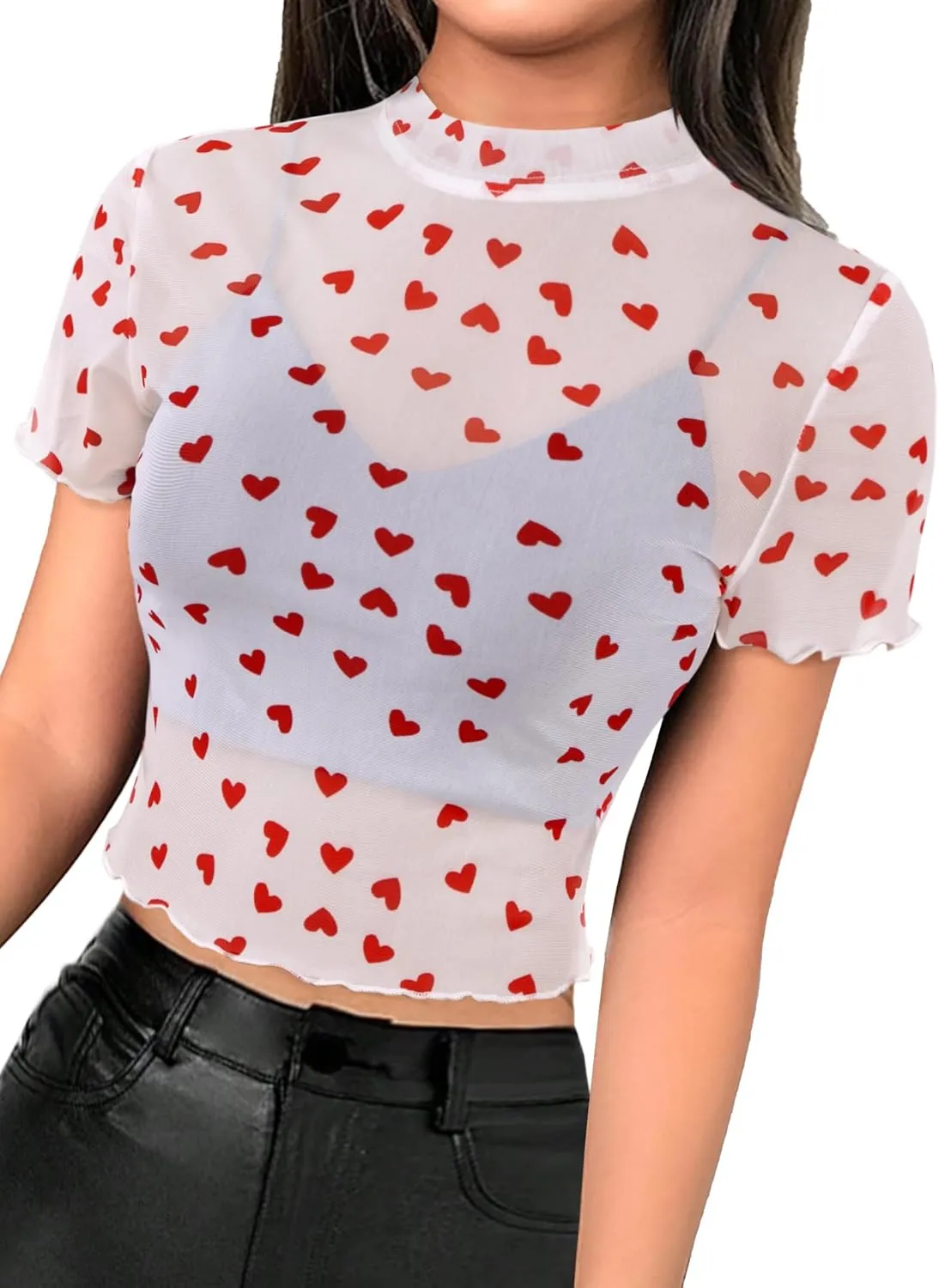 Avanova Women Heart Print Sheer Mesh Crop Top See Through Short Sleeve Sexy Shirt