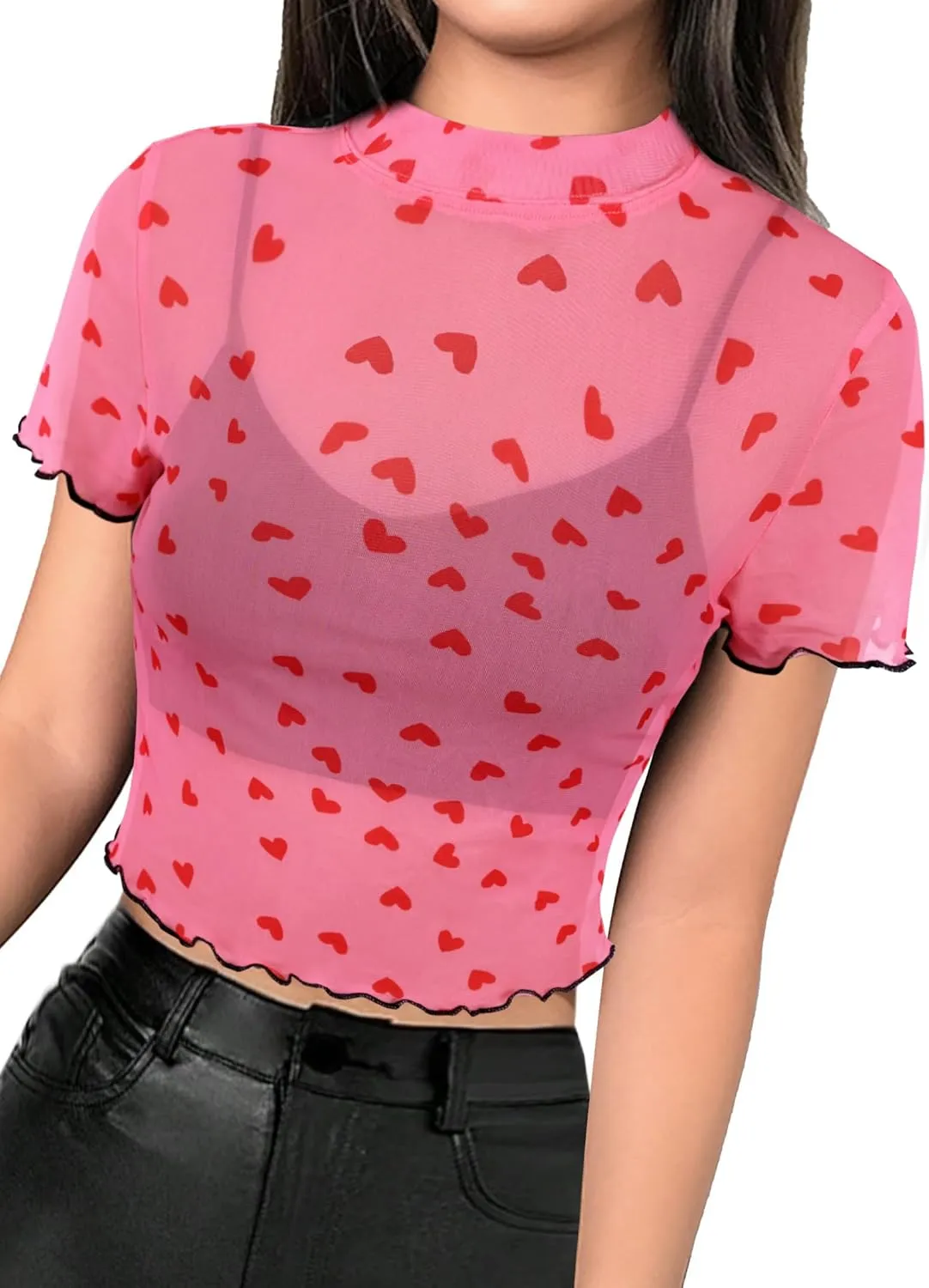 Avanova Women Heart Print Sheer Mesh Crop Top See Through Short Sleeve Sexy Shirt