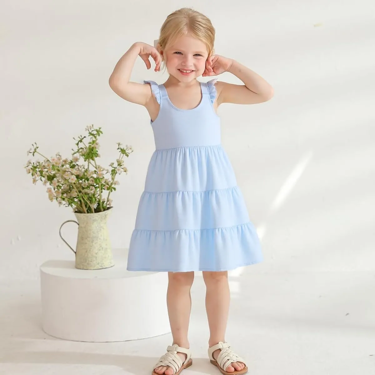 Baby Girls Tiered Dress Flutter Sleeve Twirly Unicorn Sundress Kids Cute Outfits Toddler Summer Dresses 2-8 Years Old