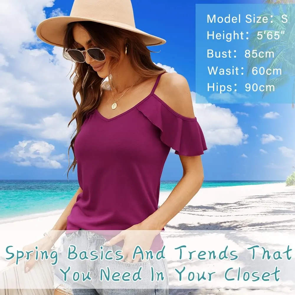 Blingfit Women Summer Cold Shoulder Tops Loose V Neck Short Sleeve Blouses Sexy Casual Ruffle Sleeves Tunic Shirts S-XXL