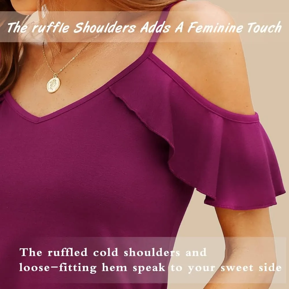 Blingfit Women Summer Cold Shoulder Tops Loose V Neck Short Sleeve Blouses Sexy Casual Ruffle Sleeves Tunic Shirts S-XXL