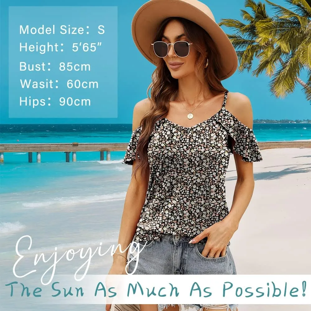 Blingfit Women Summer Cold Shoulder Tops Loose V Neck Short Sleeve Blouses Sexy Casual Ruffle Sleeves Tunic Shirts S-XXL