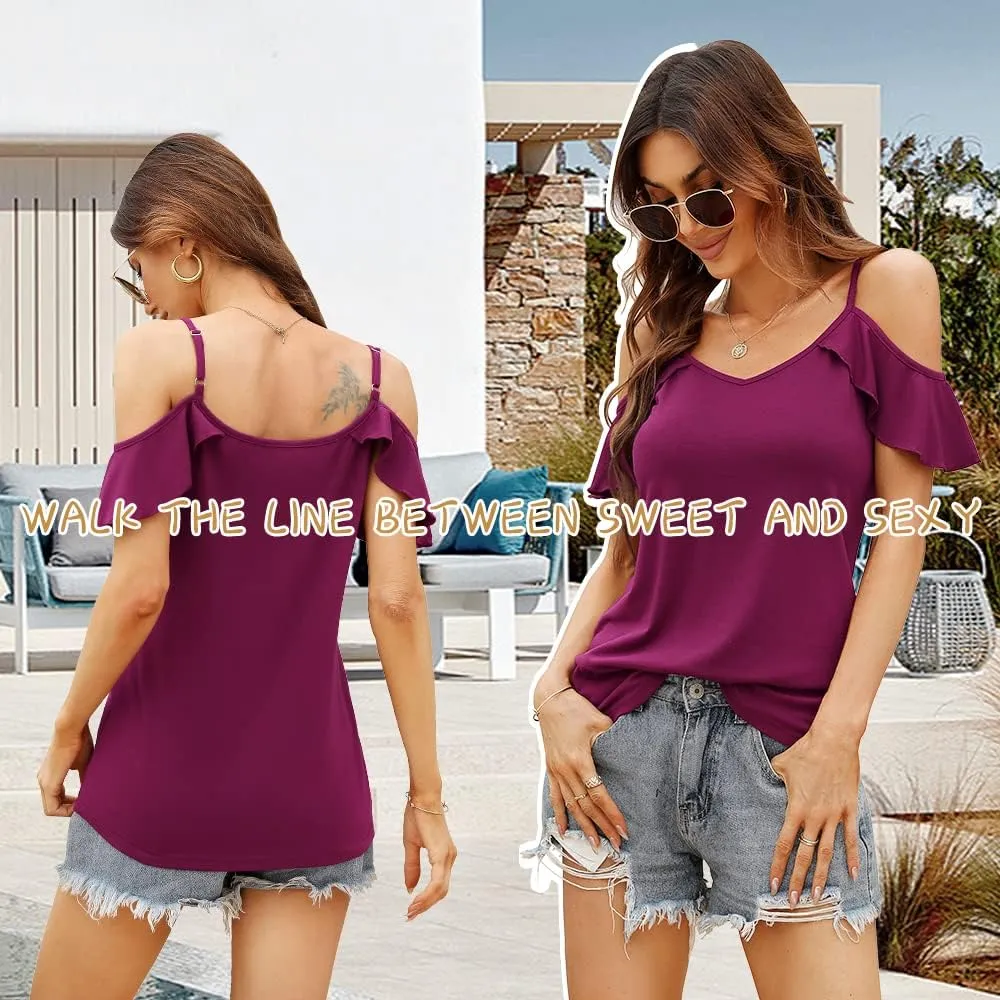 Blingfit Women Summer Cold Shoulder Tops Loose V Neck Short Sleeve Blouses Sexy Casual Ruffle Sleeves Tunic Shirts S-XXL
