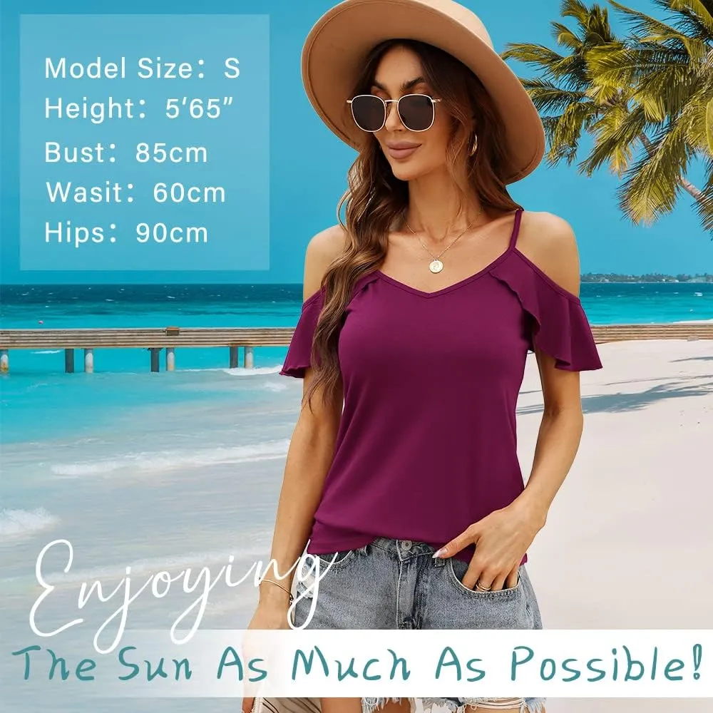 Blingfit Women Summer Cold Shoulder Tops Loose V Neck Short Sleeve Blouses Sexy Casual Ruffle Sleeves Tunic Shirts S-XXL