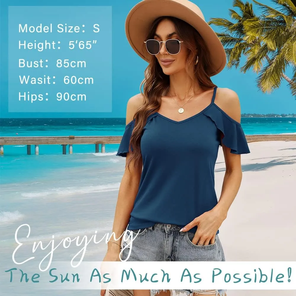 Blingfit Women Summer Cold Shoulder Tops Loose V Neck Short Sleeve Blouses Sexy Casual Ruffle Sleeves Tunic Shirts S-XXL