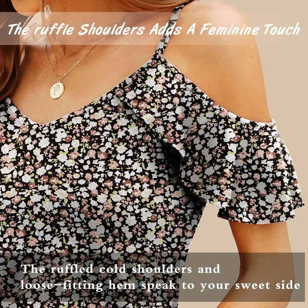 Blingfit Women Summer Cold Shoulder Tops Loose V Neck Short Sleeve Blouses Sexy Casual Ruffle Sleeves Tunic Shirts S-XXL