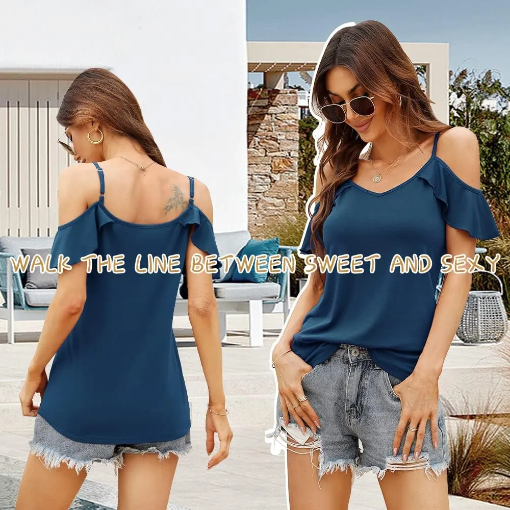Blingfit Women Summer Cold Shoulder Tops Loose V Neck Short Sleeve Blouses Sexy Casual Ruffle Sleeves Tunic Shirts S-XXL