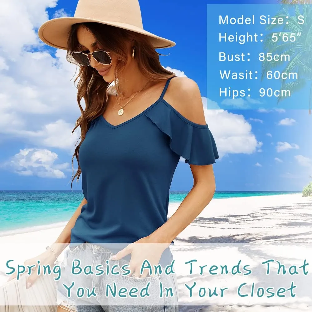 Blingfit Women Summer Cold Shoulder Tops Loose V Neck Short Sleeve Blouses Sexy Casual Ruffle Sleeves Tunic Shirts S-XXL