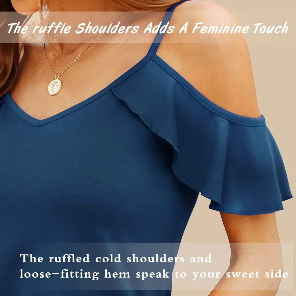 Blingfit Women Summer Cold Shoulder Tops Loose V Neck Short Sleeve Blouses Sexy Casual Ruffle Sleeves Tunic Shirts S-XXL