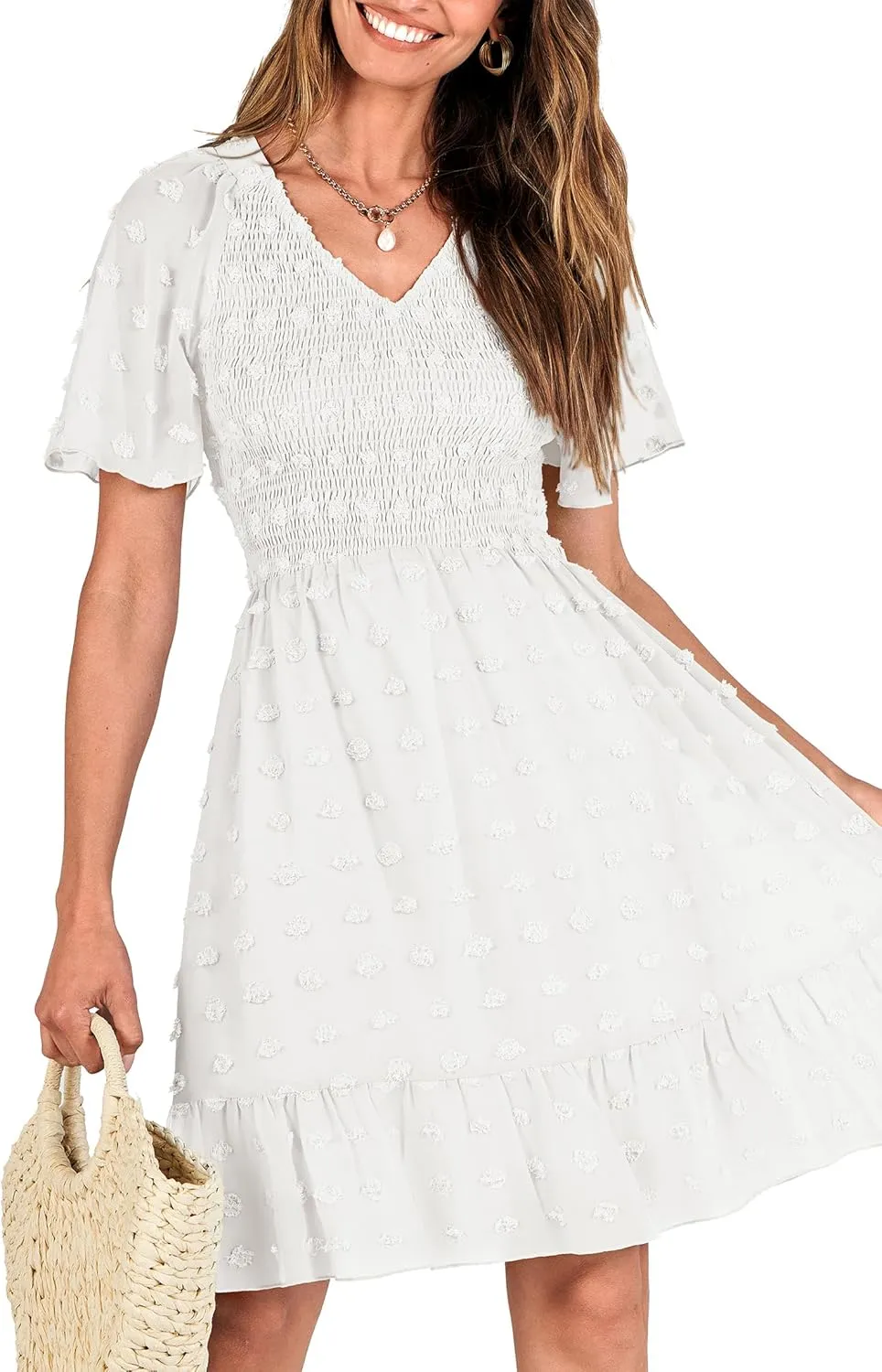 BTFBM Womens Beach Vacation Dress V Neck Short Sleeve Smocked Swiss Dot Casual Ruffle Mini Spring Summer Dresses 2025