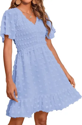 BTFBM Womens Beach Vacation Dress V Neck Short Sleeve Smocked Swiss Dot Casual Ruffle Mini Spring Summer Dresses 2025