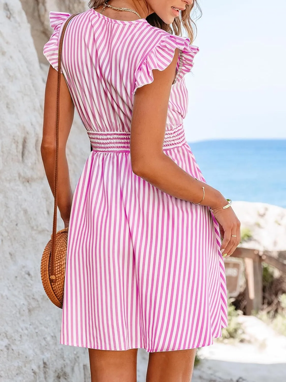 CUPSHE Women's Mini Dress V Neck Flutter Sleeve Striped Smocked Waist A Line Short Summer Cocktail Dress