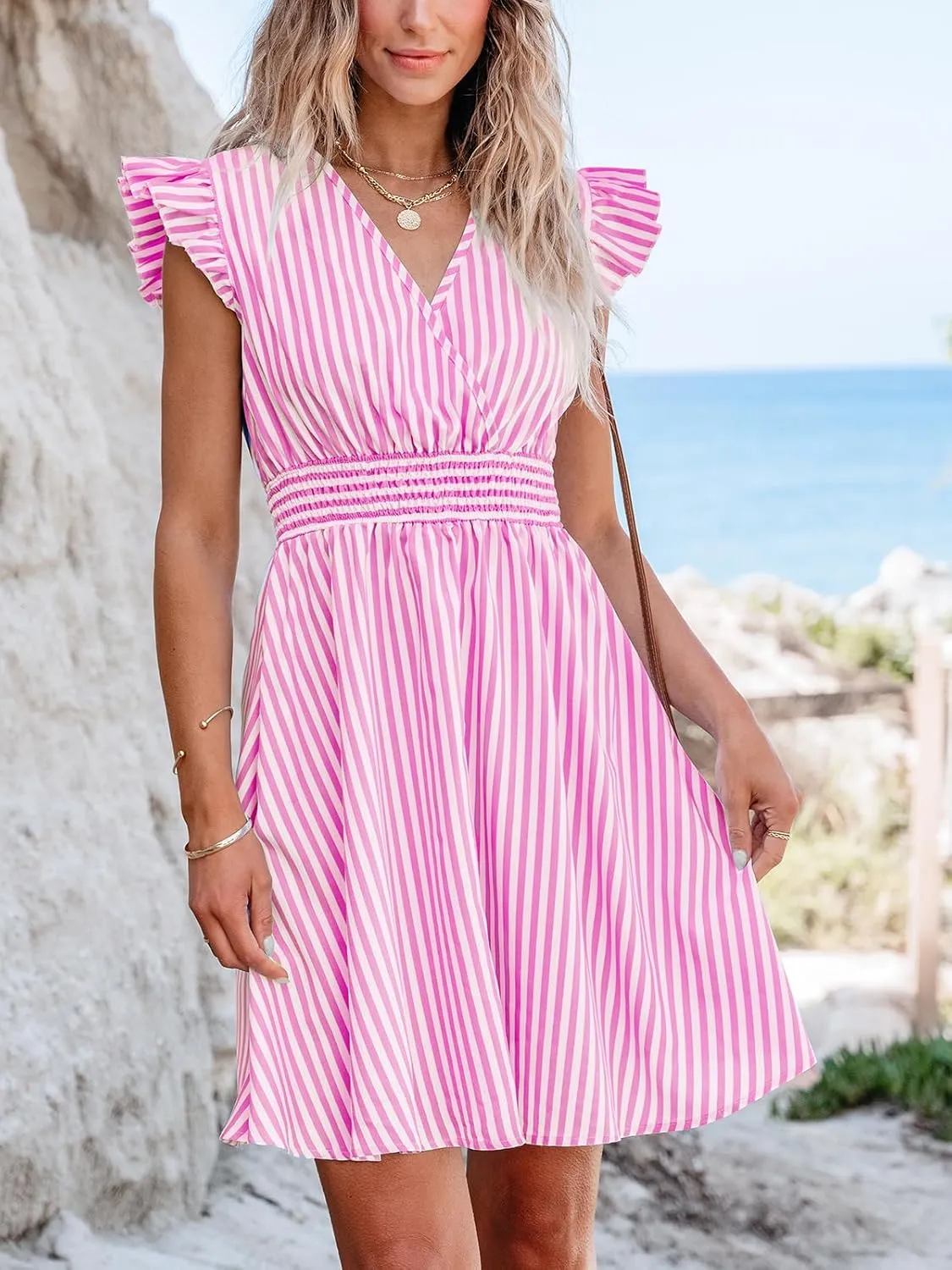 CUPSHE Women's Mini Dress V Neck Flutter Sleeve Striped Smocked Waist A Line Short Summer Cocktail Dress