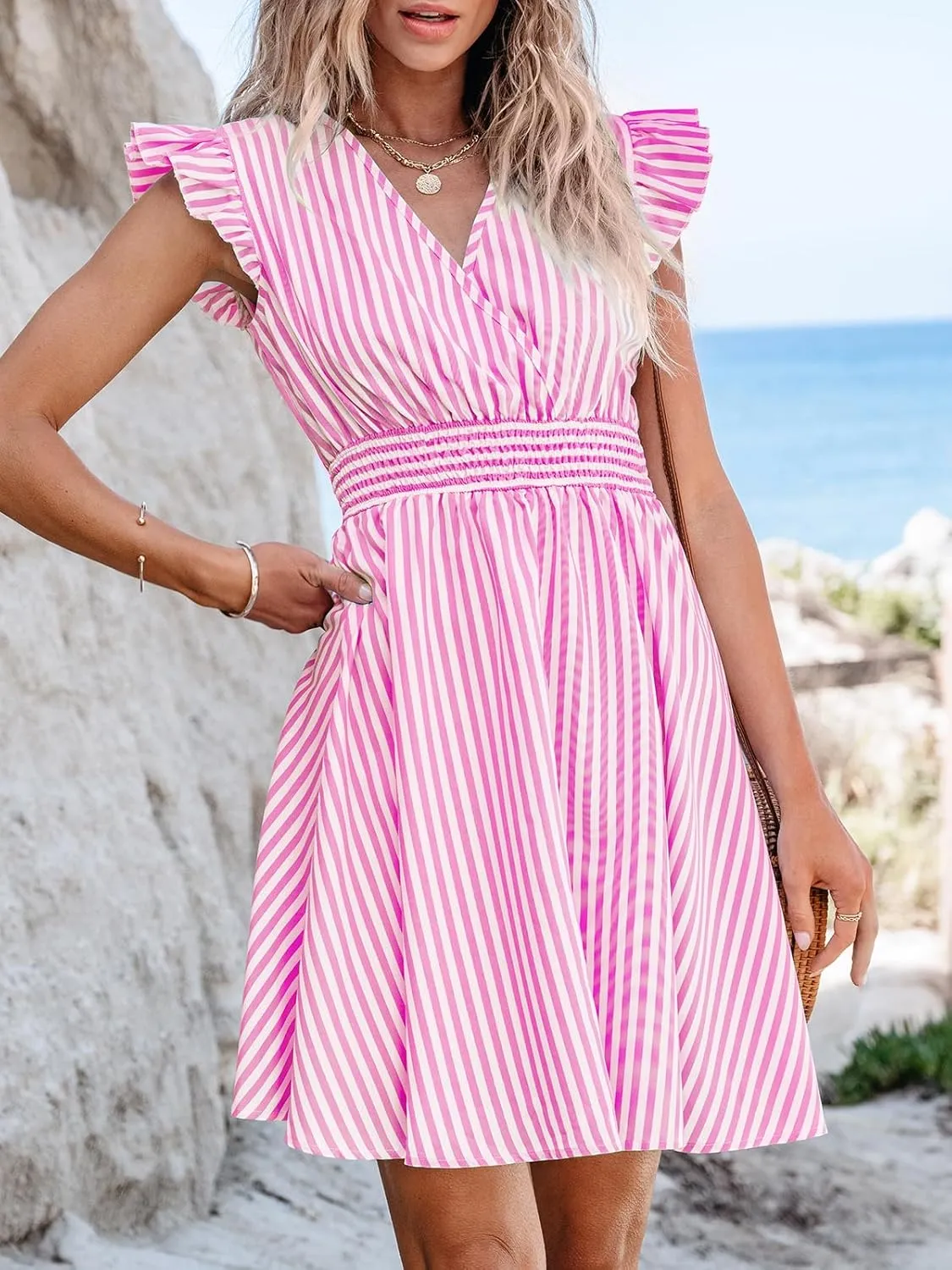 CUPSHE Women's Mini Dress V Neck Flutter Sleeve Striped Smocked Waist A Line Short Summer Cocktail Dress