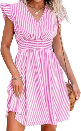 CUPSHE Women's Mini Dress V Neck Flutter Sleeve Striped Smocked Waist A Line Short Summer Cocktail Dress