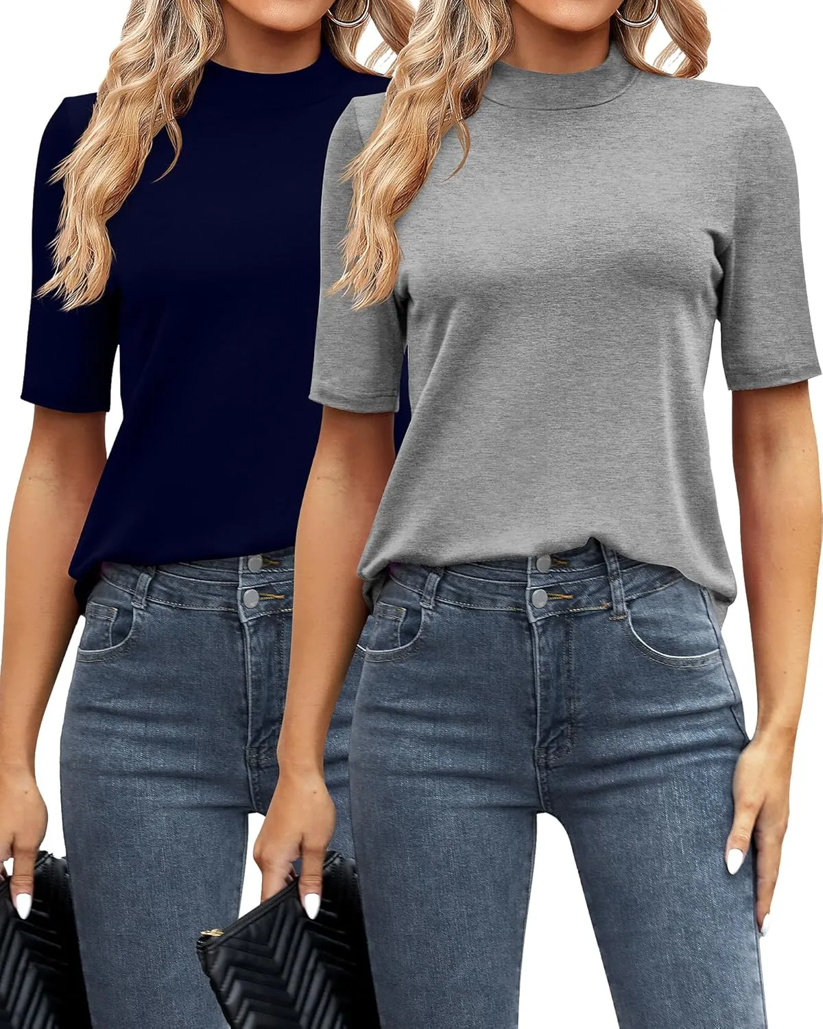Ficerd 2 Pack Women's Mock Turtleneck T Shirts, Half Sleeve Business Casual Tunic Tops Slim Fit Summer Basic Dressy Tee Shirt