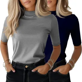 Ficerd 2 Pack Women's Mock Turtleneck T Shirts, Half Sleeve Business Casual Tunic Tops Slim Fit Summer Basic Dressy Tee Shirt