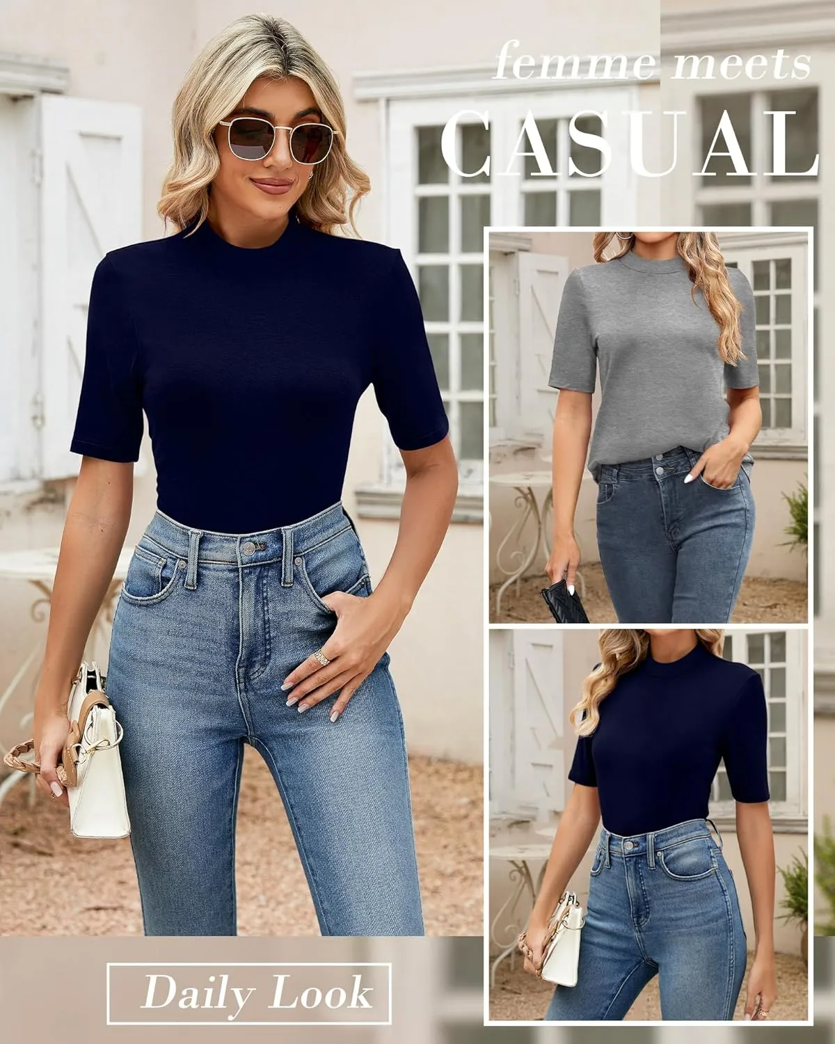 Ficerd 2 Pack Women's Mock Turtleneck T Shirts, Half Sleeve Business Casual Tunic Tops Slim Fit Summer Basic Dressy Tee Shirt