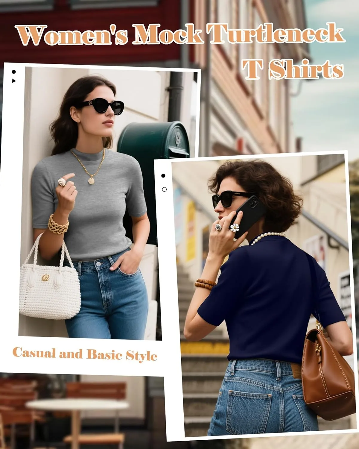 Ficerd 2 Pack Women's Mock Turtleneck T Shirts, Half Sleeve Business Casual Tunic Tops Slim Fit Summer Basic Dressy Tee Shirt
