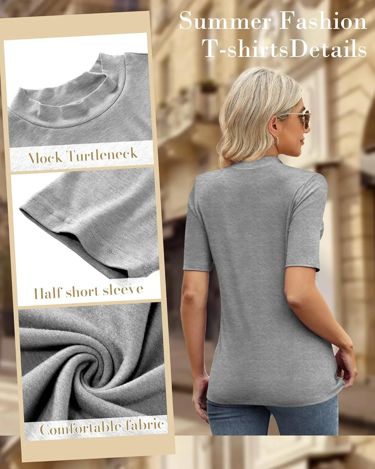 Ficerd 2 Pack Women's Mock Turtleneck T Shirts, Half Sleeve Business Casual Tunic Tops Slim Fit Summer Basic Dressy Tee Shirt