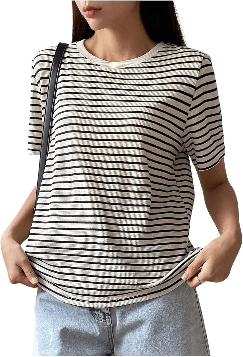 Floerns Women's Basic Mock Neck Short Sleeve Solid Rib Knit Tops Tee Shirts