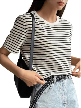Floerns Women's Basic Mock Neck Short Sleeve Solid Rib Knit Tops Tee Shirts