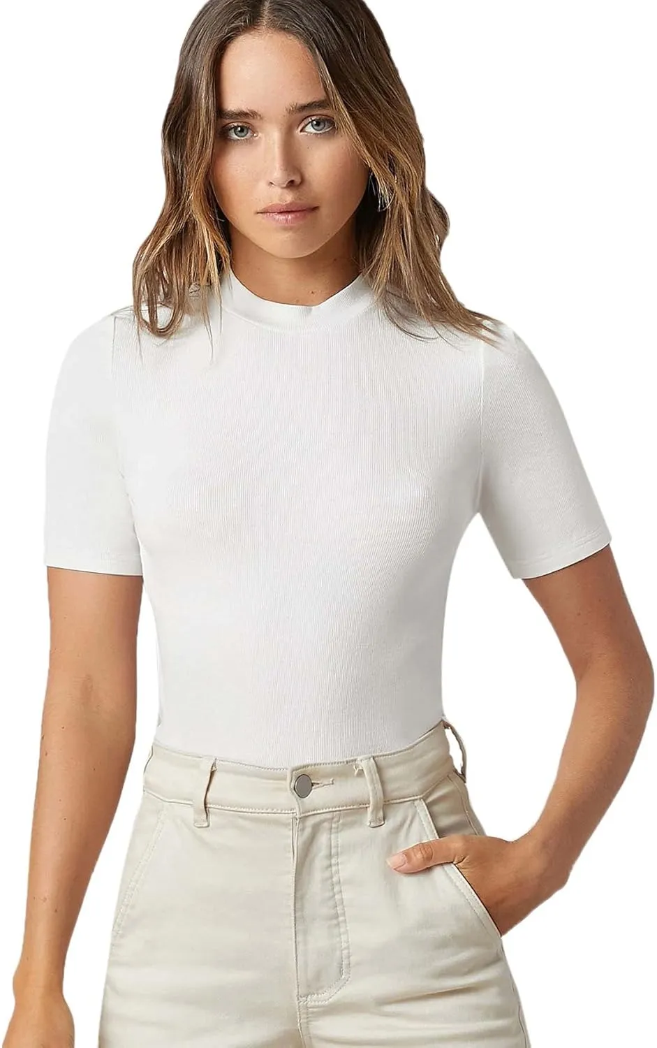 Floerns Women's Basic Mock Neck Short Sleeve Solid Rib Knit Tops Tee Shirts