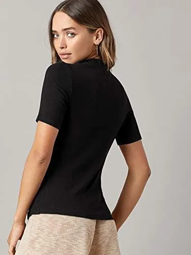 Floerns Women's Basic Mock Neck Short Sleeve Solid Rib Knit Tops Tee Shirts