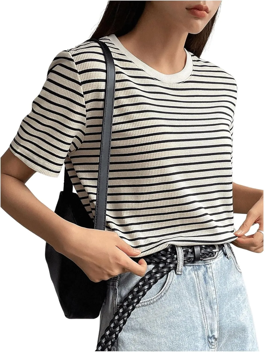 Floerns Women's Basic Mock Neck Short Sleeve Solid Rib Knit Tops Tee Shirts