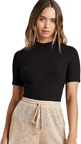 Floerns Women's Basic Mock Neck Short Sleeve Solid Rib Knit Tops Tee Shirts