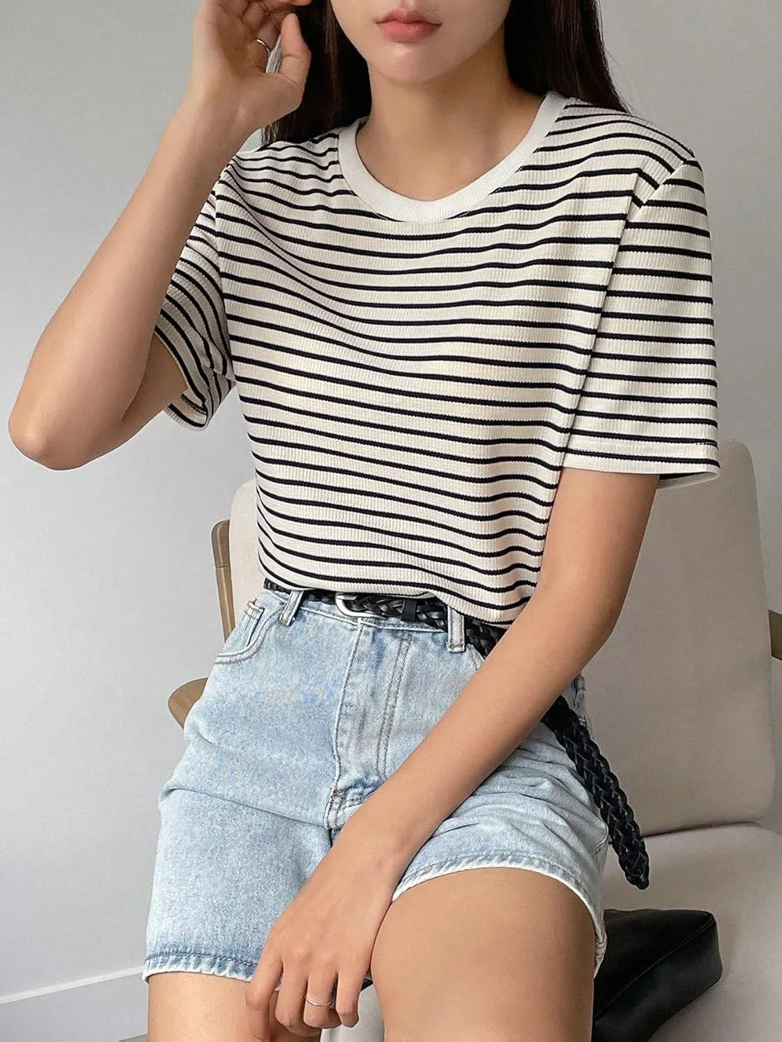 Floerns Women's Basic Mock Neck Short Sleeve Solid Rib Knit Tops Tee Shirts