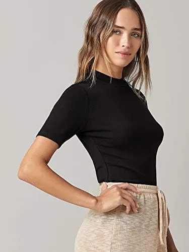 Floerns Women's Basic Mock Neck Short Sleeve Solid Rib Knit Tops Tee Shirts