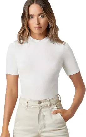 Floerns Women's Basic Mock Neck Short Sleeve Solid Rib Knit Tops Tee Shirts