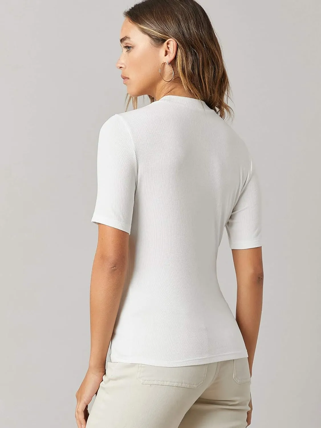 Floerns Women's Basic Mock Neck Short Sleeve Solid Rib Knit Tops Tee Shirts