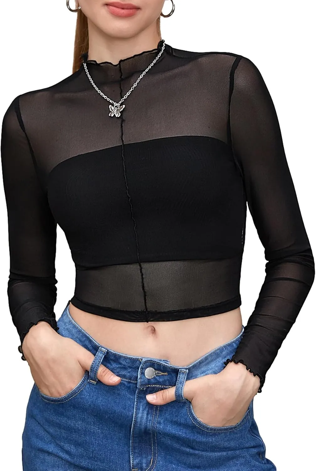 Floerns Women's Long Sleeves Mesh Sheer Mock Neck Crop Tops Tee