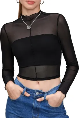 Floerns Women's Long Sleeves Mesh Sheer Mock Neck Crop Tops Tee