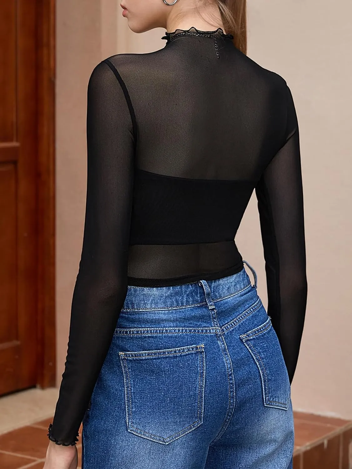 Floerns Women's Long Sleeves Mesh Sheer Mock Neck Crop Tops Tee