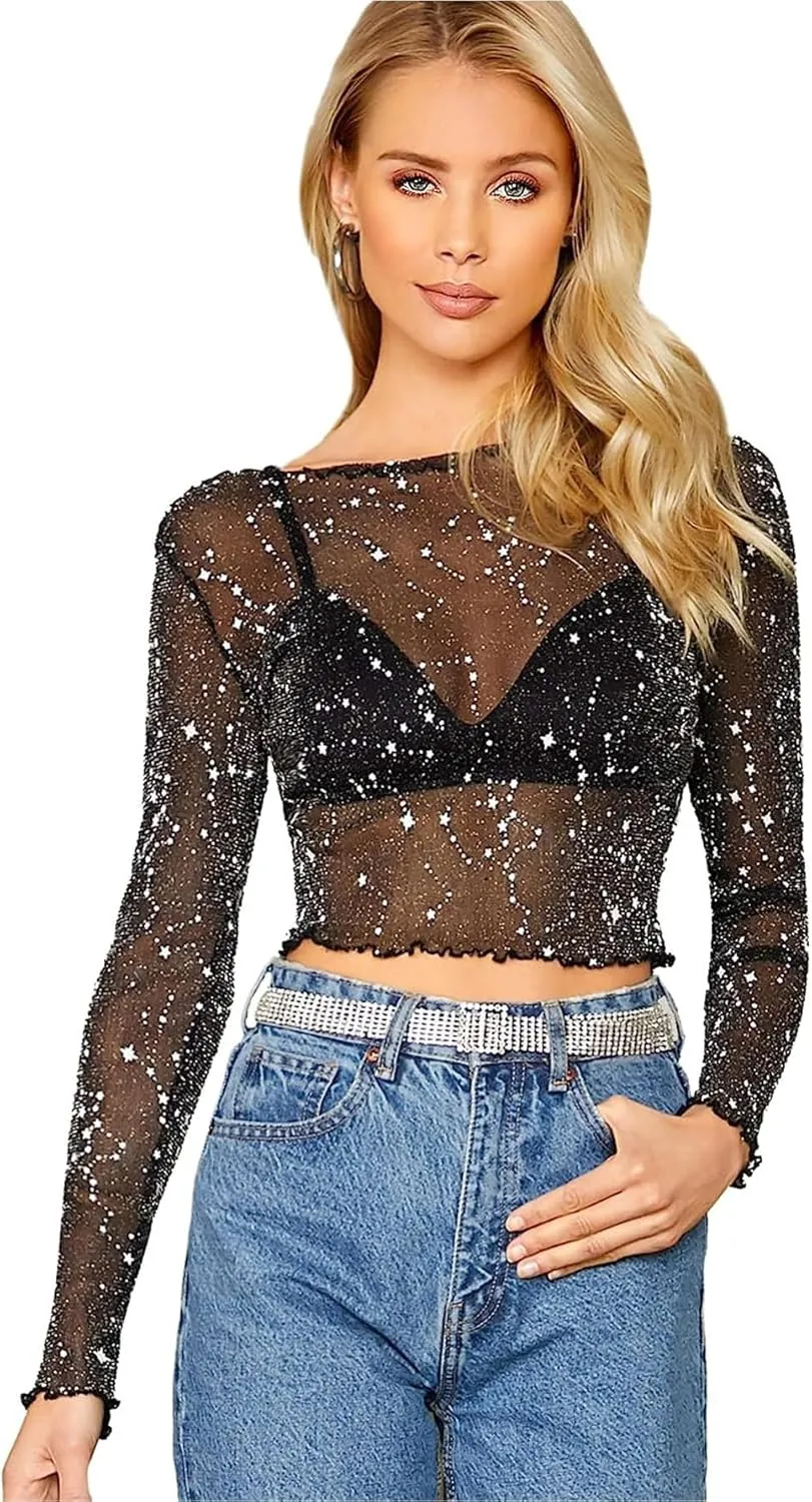 Floerns Women's Long Sleeves Mesh Sheer Mock Neck Crop Tops Tee