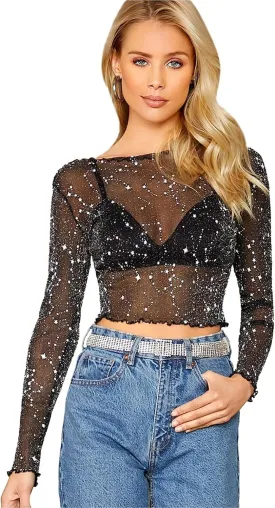 Floerns Women's Long Sleeves Mesh Sheer Mock Neck Crop Tops Tee
