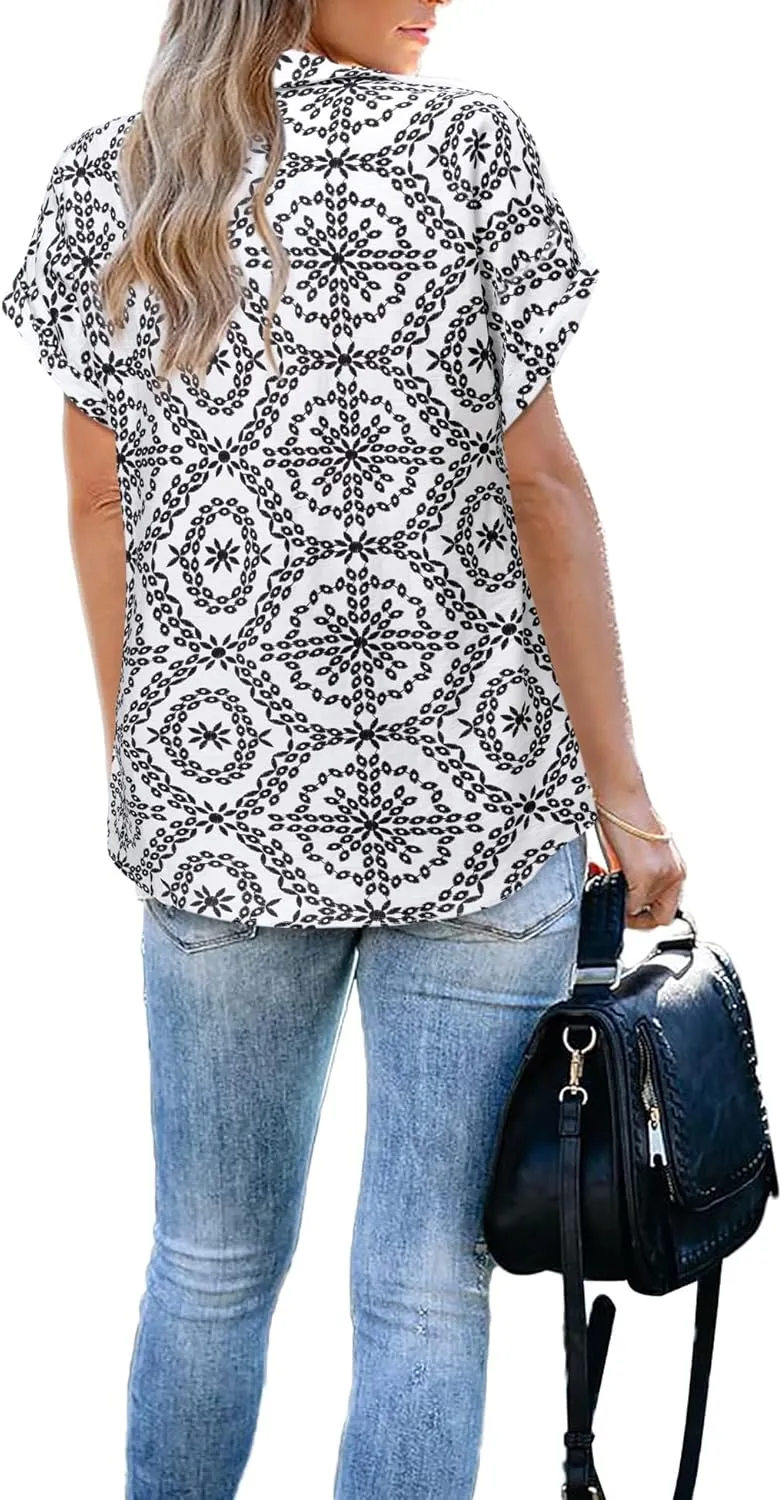 Gaharu Women's Summer Work Blouse V Neck Short Sleeve Lapel Shirt Top Tunic
