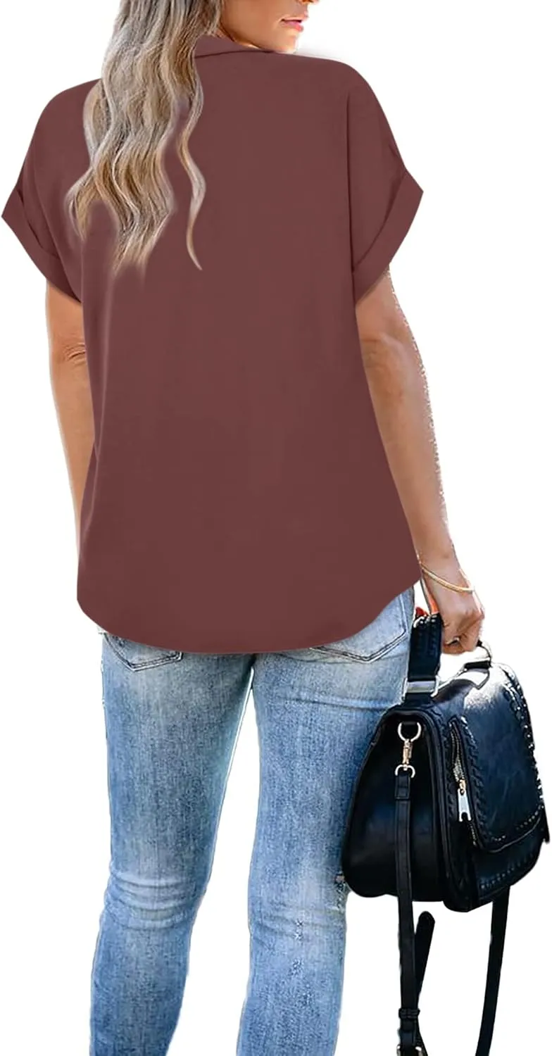 Gaharu Women's Summer Work Blouse V Neck Short Sleeve Lapel Shirt Top Tunic