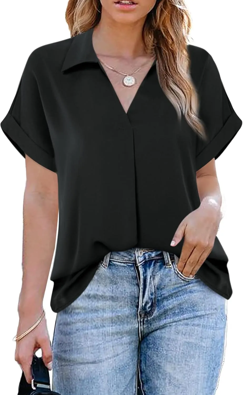 Gaharu Women's Summer Work Blouse V Neck Short Sleeve Lapel Shirt Top Tunic
