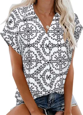 Gaharu Women's Summer Work Blouse V Neck Short Sleeve Lapel Shirt Top Tunic