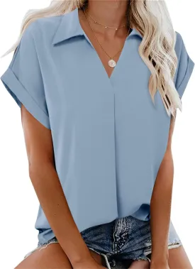 Gaharu Women's Summer Work Blouse V Neck Short Sleeve Lapel Shirt Top Tunic