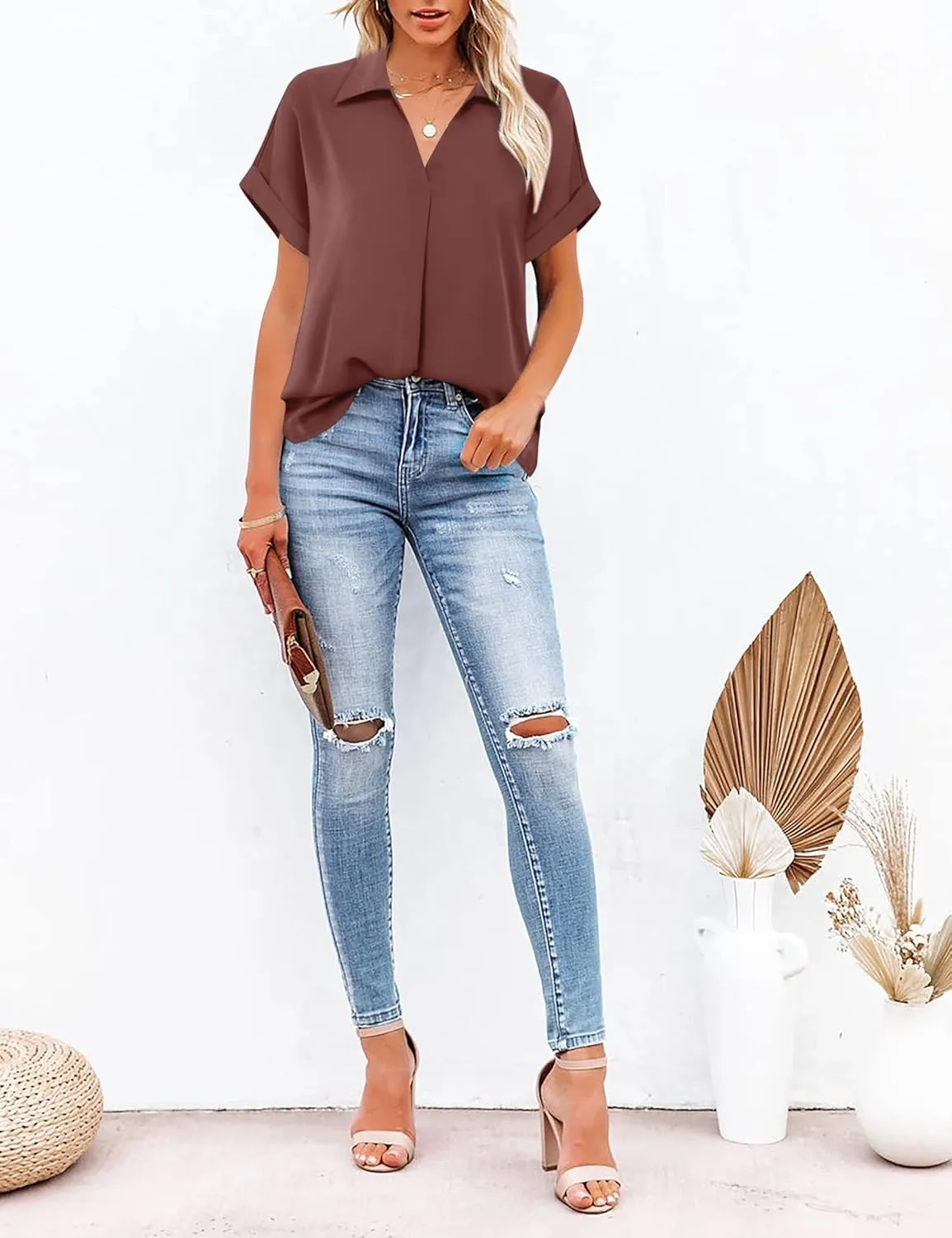 Gaharu Women's Summer Work Blouse V Neck Short Sleeve Lapel Shirt Top Tunic