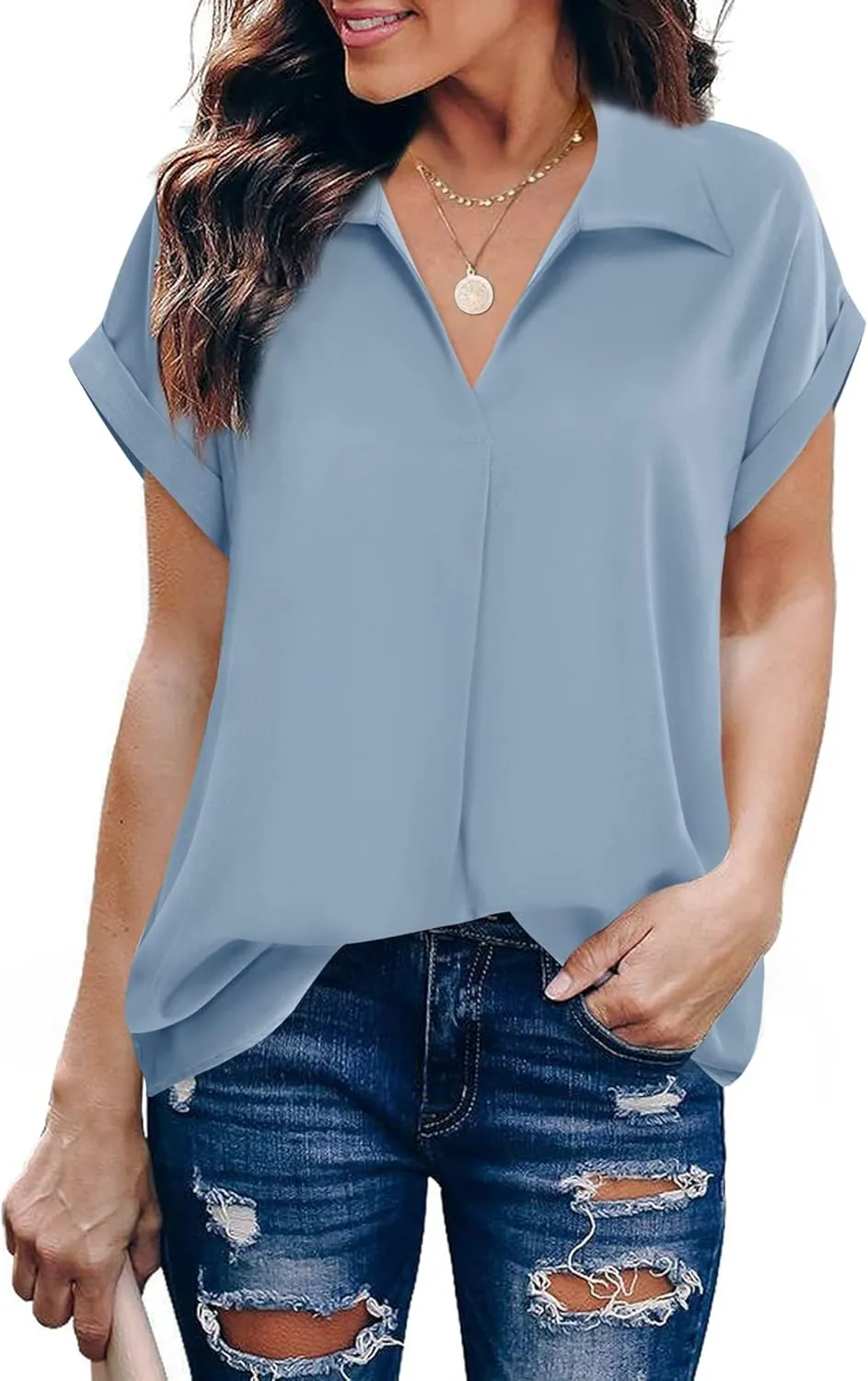 Gaharu Women's Summer Work Blouse V Neck Short Sleeve Lapel Shirt Top Tunic
