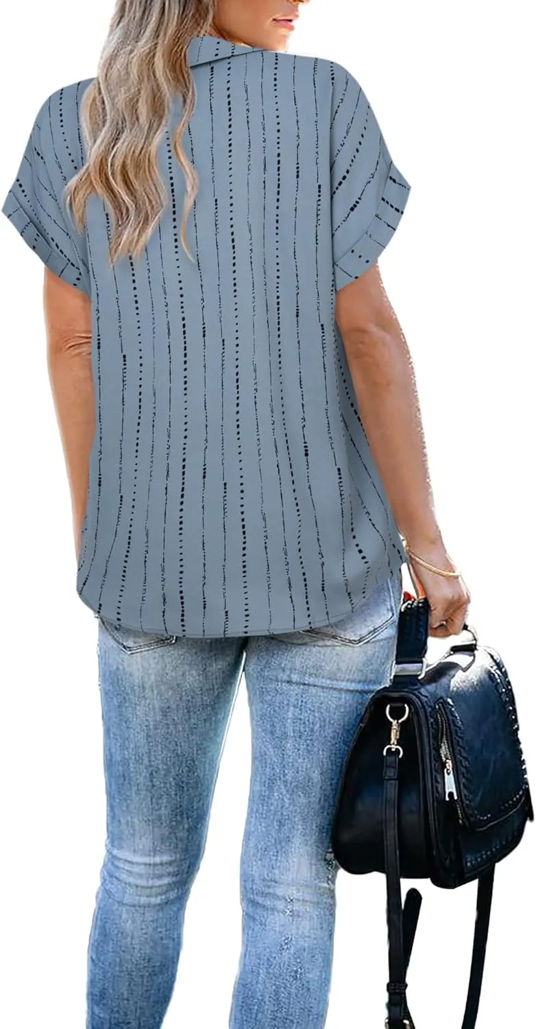 Gaharu Women's Summer Work Blouse V Neck Short Sleeve Lapel Shirt Top Tunic